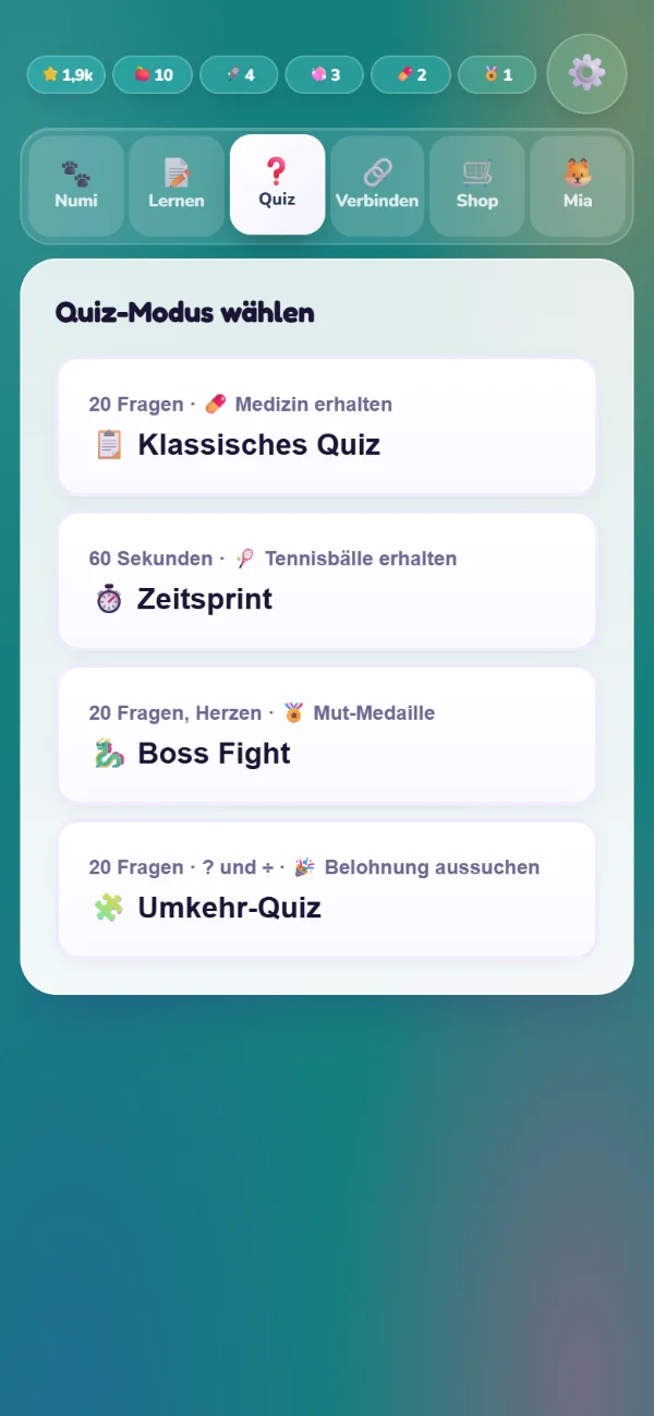 Die Auswahl der vier Quiz-Arten