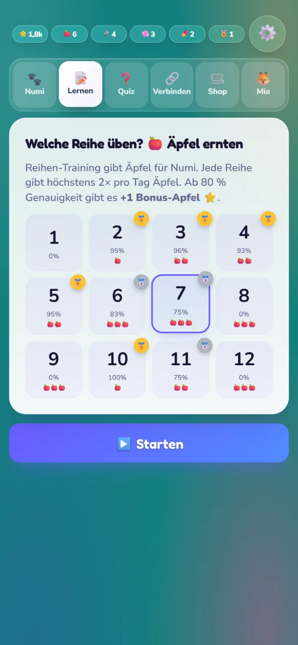 Die Auswahl der Reihen 1 bis 12 mit Fortschritt