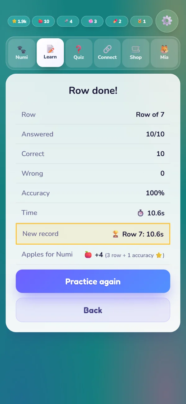 The summary after a table with a new record