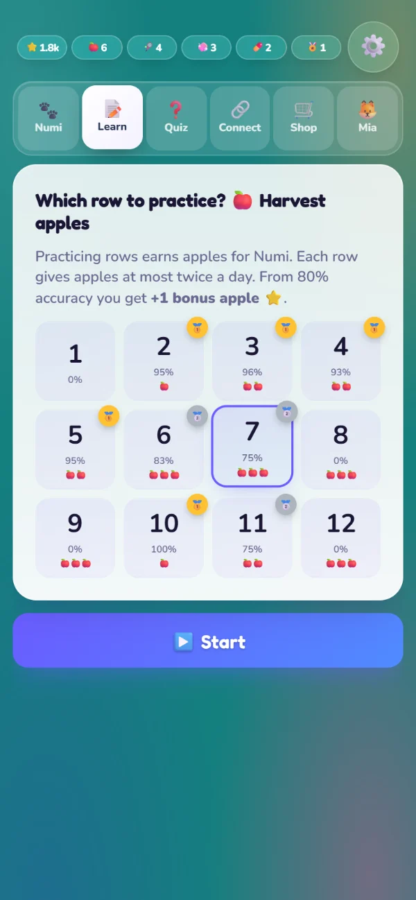 Choosing between the tables 1 to 12 with progress