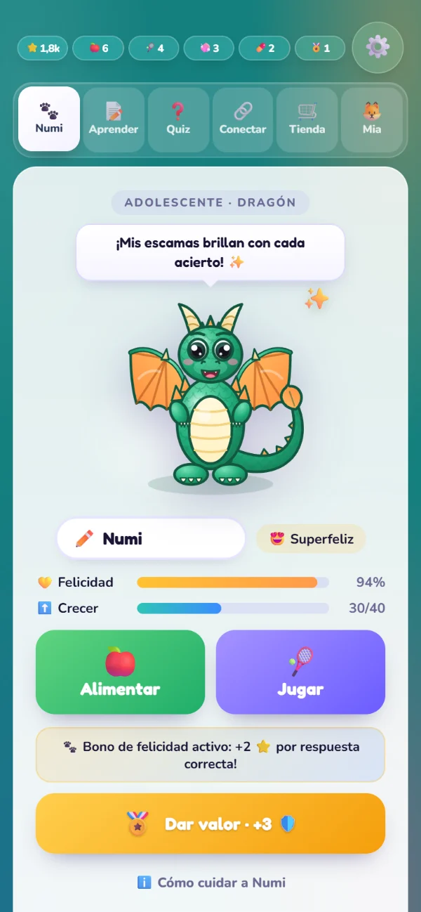 La página de Numi: un dragón joven dice algo; debajo, Alimentar, Jugar y Dar valor