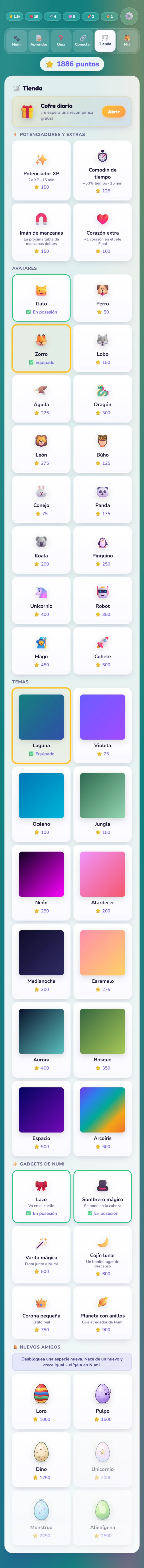 La tienda con potenciadores, avatares, temas, accesorios y animales nuevos
