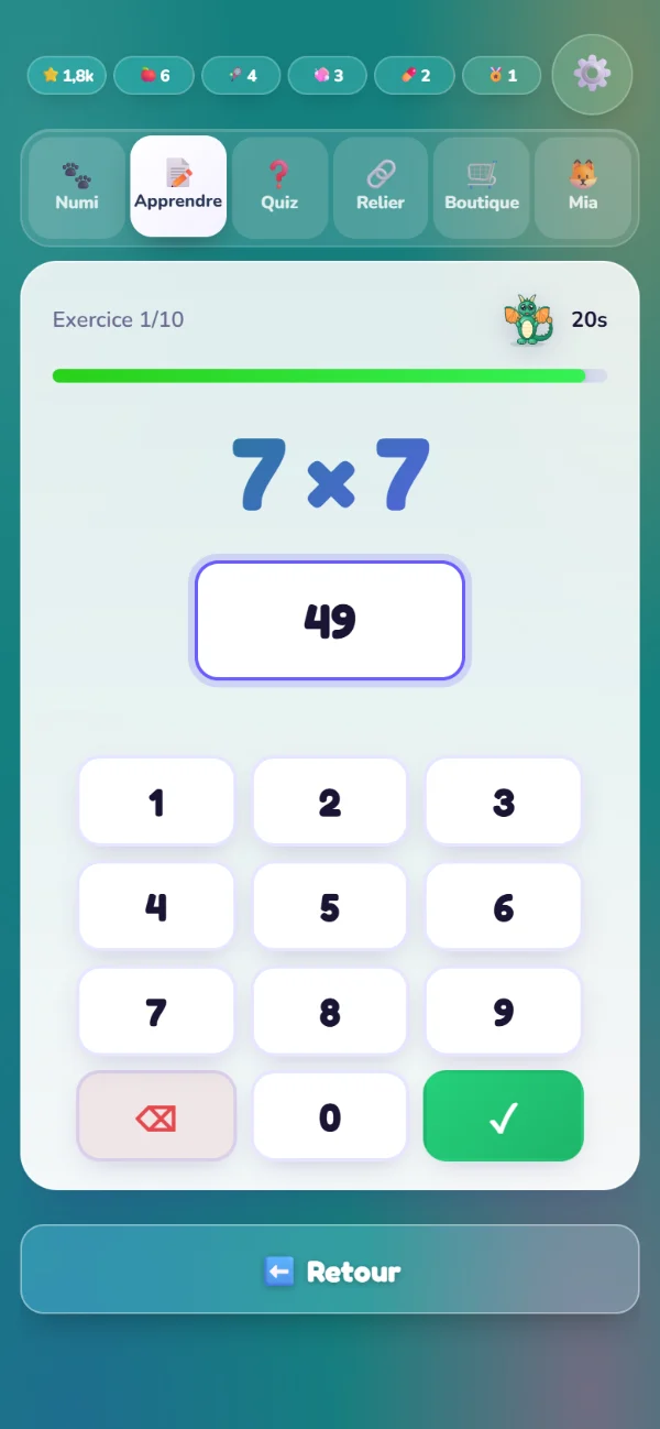 Un calcul avec le pavé numérique, Numi en compagnon en haut à droite