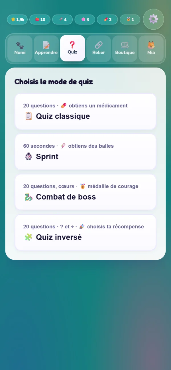 Le choix entre les quatre types de quiz
