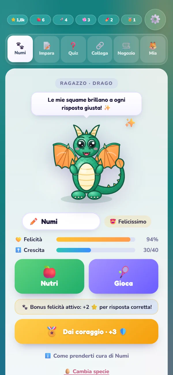 La pagina di Numi: un giovane drago dice qualcosa, sotto Nutri, Gioca e Dai coraggio